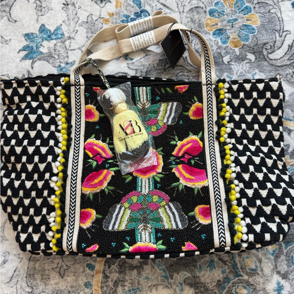 Embroidered Floral Black Tote with Neon Accents